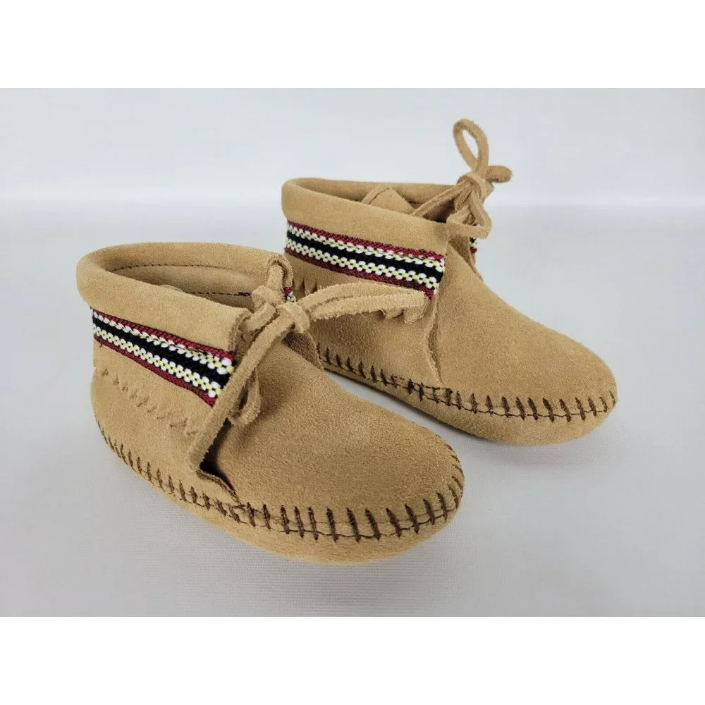 Minnetonka Moccasins 1101‎ - Infants Braid on Cuff Bootie Tan Suede Leather sz 5